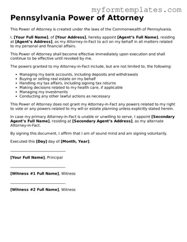 Official Power of Attorney Form for the State of Pennsylvania