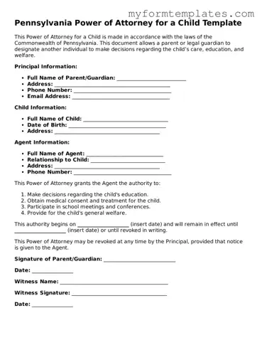 Official Power of Attorney for a Child Form for the State of Pennsylvania