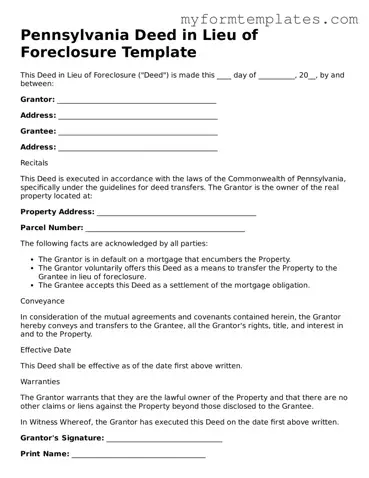 Official Deed in Lieu of Foreclosure Form for the State of Pennsylvania