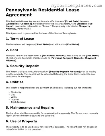 Official Residential Lease Agreement Form for the State of Pennsylvania