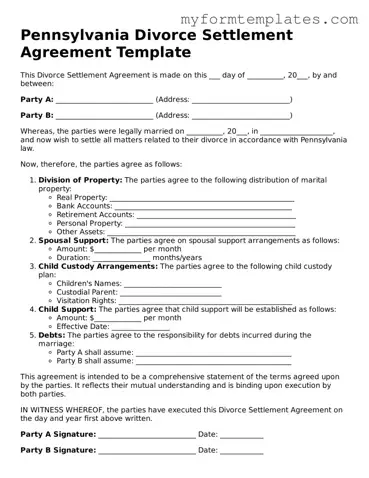 Official Divorce Settlement Agreement Form for the State of Pennsylvania