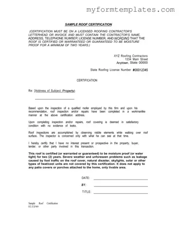 Official Sample Roof Certification Form in PDF