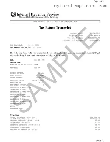 Official Sample Tax Return Transcript Form in PDF
