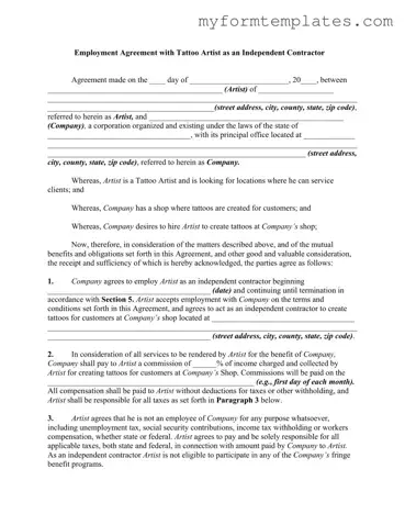 Official Tattoo Shop Artist Agreement Form in PDF