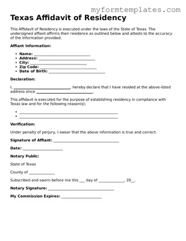 Official Affidavit of Residency Form for the State of Texas