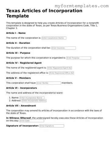 Official Articles of Incorporation Form for the State of Texas