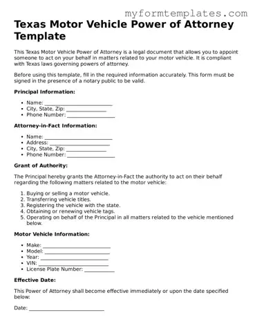 Official Motor Vehicle Power of Attorney Form for the State of Texas