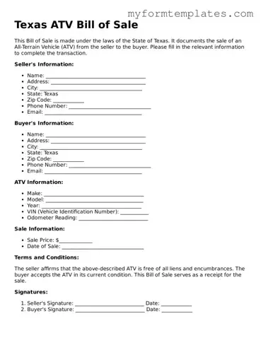 Official ATV Bill of Sale Form for the State of Texas