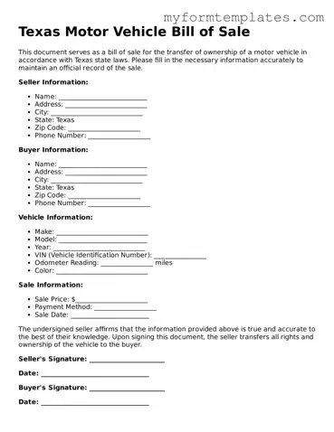 Official Motor Vehicle Bill of Sale Form for the State of Texas