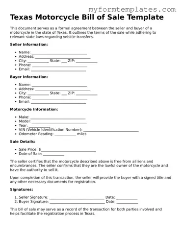 Official Motorcycle Bill of Sale Form for the State of Texas
