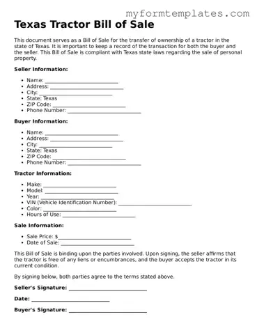 Official Tractor Bill of Sale Form for the State of Texas