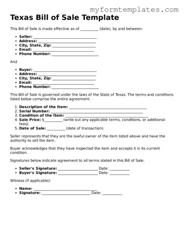 Official Bill of Sale Form for the State of Texas