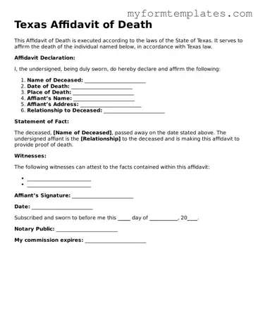 Official Affidavit of Death Form for the State of Texas