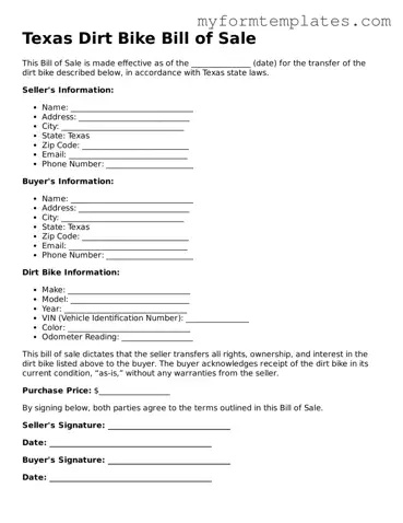 Official Dirt Bike Bill of Sale Form for the State of Texas