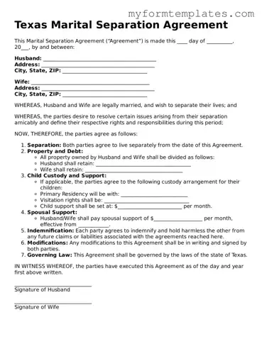 Official Marital Separation Agreement Form for the State of Texas