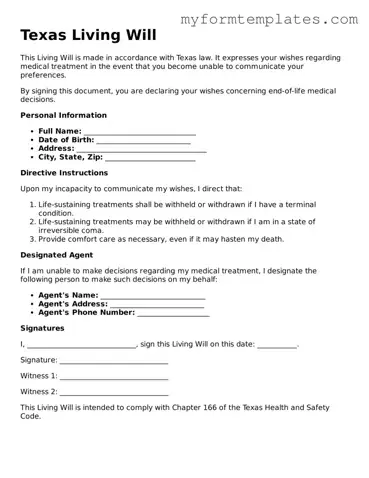 Official Living Will Form for the State of Texas