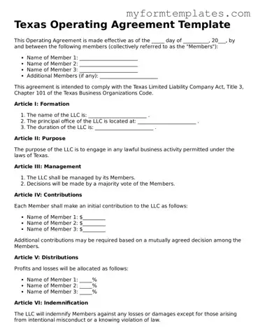 Official Operating Agreement Form for the State of Texas