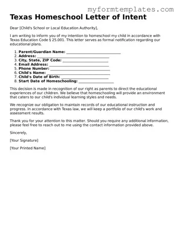 Official Homeschool Letter of Intent Form for the State of Texas