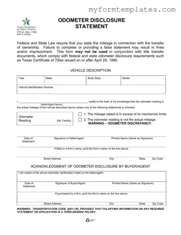 Official Texas Odometer Statement Form in PDF