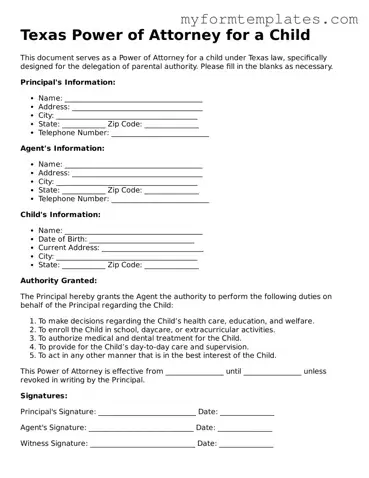 Official Power of Attorney for a Child Form for the State of Texas