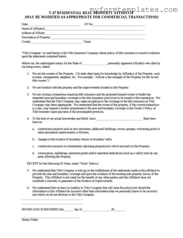 Official Texas residential property affidavit T-47 Form in PDF
