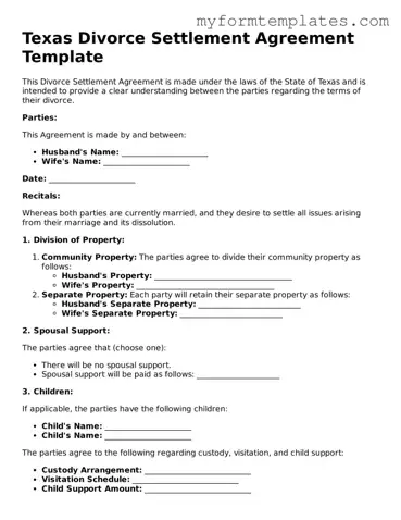 Official Divorce Settlement Agreement Form for the State of Texas