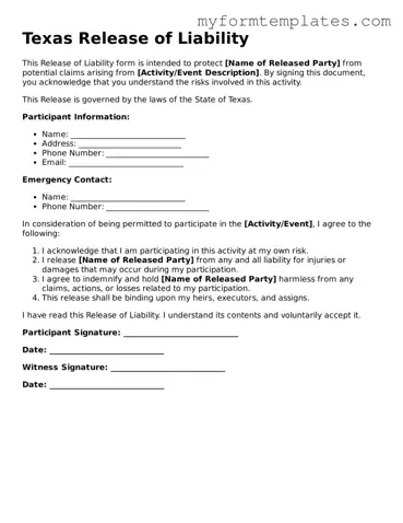 Official Release of Liability Form for the State of Texas