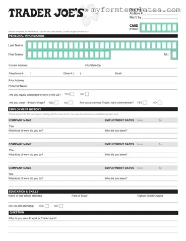Official Trader Joe's application Form in PDF