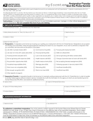 Official Usps Resignation Form in PDF