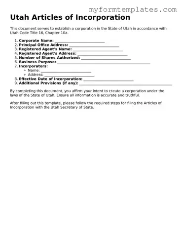 Official Articles of Incorporation Form for the State of Utah