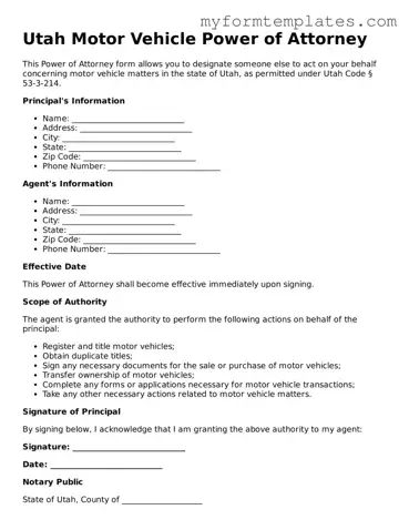 Official Motor Vehicle Power of Attorney Form for the State of Utah