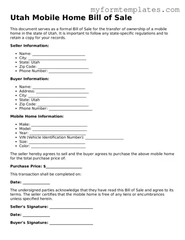 Official Mobile Home Bill of Sale Form for the State of Utah