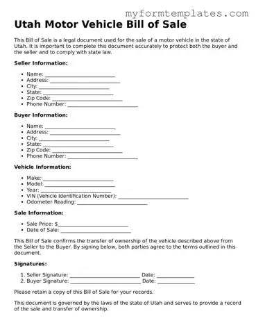 Official Motor Vehicle Bill of Sale Form for the State of Utah