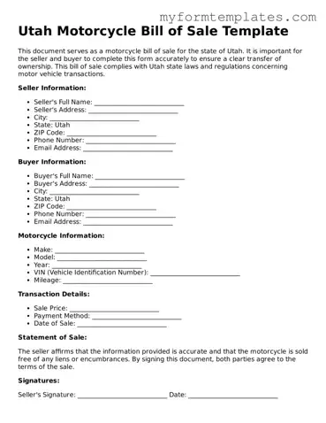 Official Motorcycle Bill of Sale Form for the State of Utah