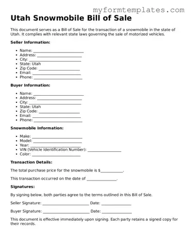 Official Snowmobile Bill of Sale Form for the State of Utah