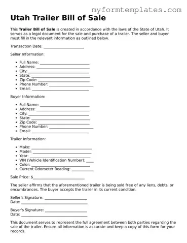 Official Trailer Bill of Sale Form for the State of Utah