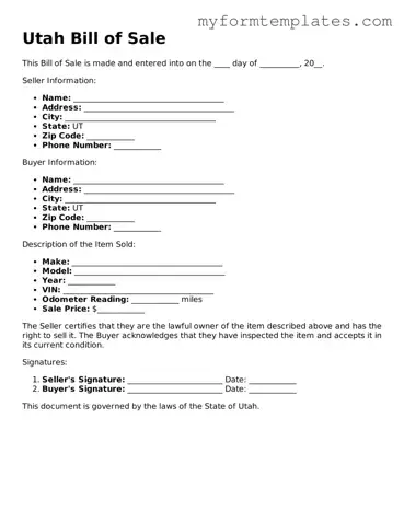 Official Bill of Sale Form for the State of Utah