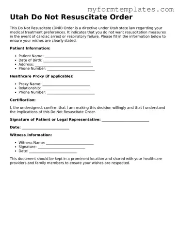 Official Do Not Resuscitate Order Form for the State of Utah