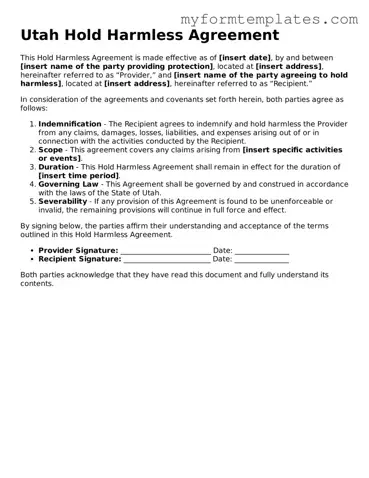 Official Hold Harmless Agreement Form for the State of Utah