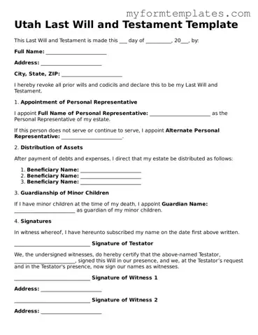 Official Last Will and Testament Form for the State of Utah