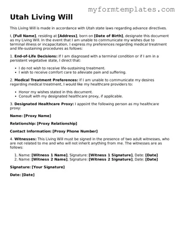 Official Living Will Form for the State of Utah