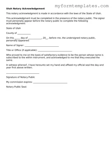 Official Notary Acknowledgement Form for the State of Utah