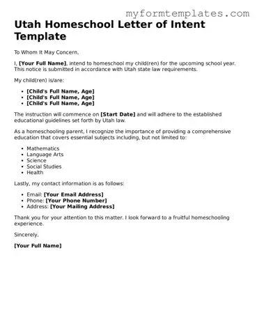 Official Homeschool Letter of Intent Form for the State of Utah