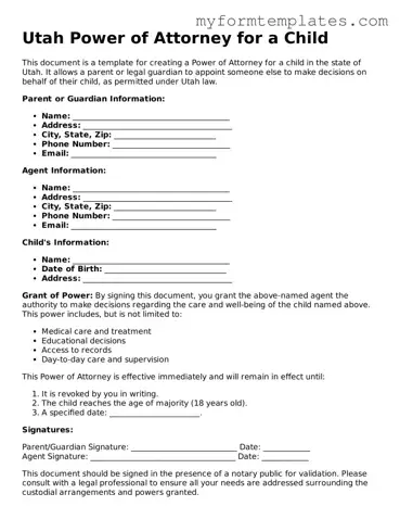 Official Power of Attorney for a Child Form for the State of Utah