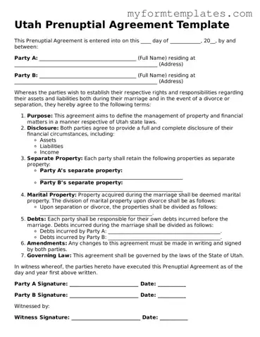 Official Prenuptial Agreement Form for the State of Utah