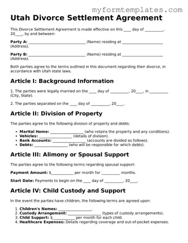 Official Divorce Settlement Agreement Form for the State of Utah