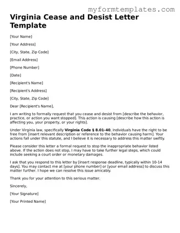 Official Cease and Desist Letter Form for the State of Virginia