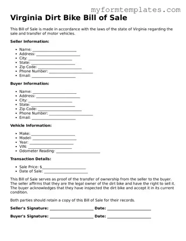 Official Dirt Bike Bill of Sale Form for the State of Virginia