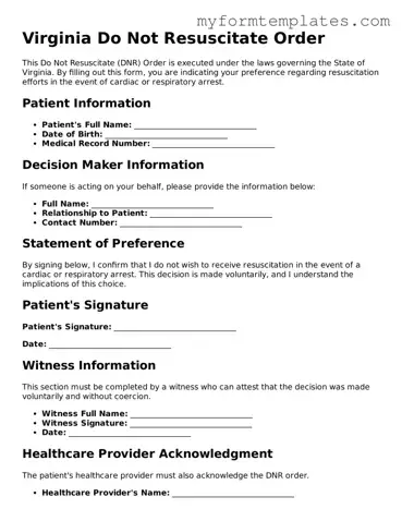 Official Do Not Resuscitate Order Form for the State of Virginia