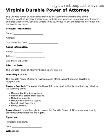 Official Durable Power of Attorney Form for the State of Virginia